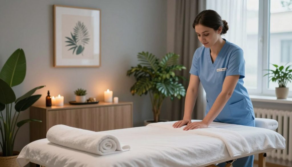 A serene and inviting massage therapy room in Ümraniye, showcasing factors influencing massage prices. In the foreground, a neatly arranged treatment table with fresh towels and essential oils, conveying professionalism. In the middle, a calming ambiance created by soft lighting, green plants, and modern decor elements like candles and framed art. The background features large windows allowing natural light to filter in, enhancing the peaceful atmosphere. The overall mood is tranquil and soothing, with an inviting color palette of soft blues and warm earth tones. The scene reflects the essence of quality massage services and their pricing factors, emphasizing comfort and relaxation.