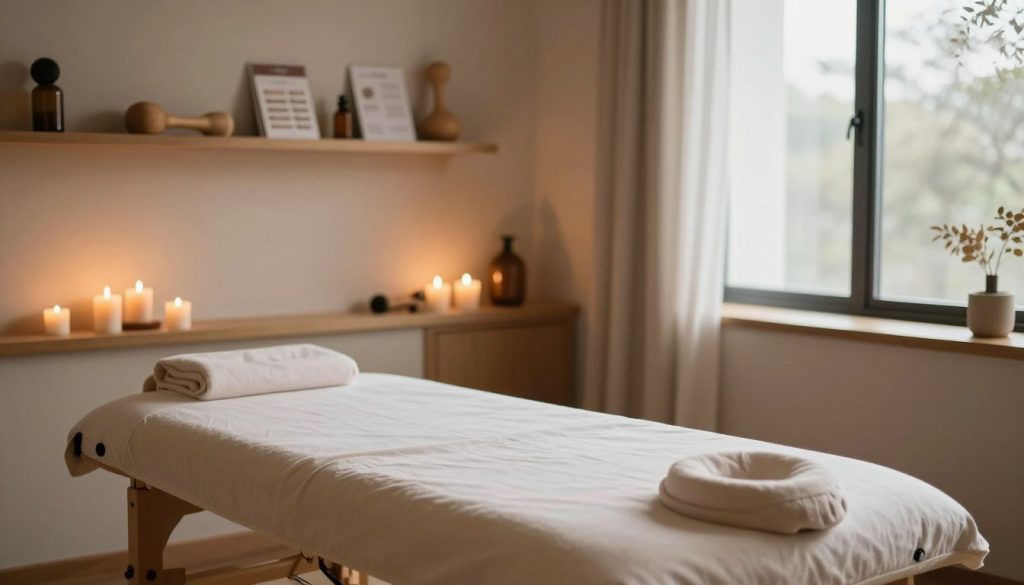A serene and inviting massage therapy room, showcasing the boundaries and expectations of a professional setting. In the foreground, a neatly arranged massage table draped with soft linens. Surrounding the table, soothing elements like aromatic candles and calming essential oils create a tranquil atmosphere. In the middle ground, shelves display various massage tools and therapy brochures. The background features a large window with soft natural light streaming in, illuminating the space and casting gentle shadows. The color palette is warm and earthy, promoting a sense of relaxation and professionalism. The overall mood is serene and inviting, perfect for conveying the essence of massage therapy. The composition is captured with a soft focus lens to enhance the calming effect.