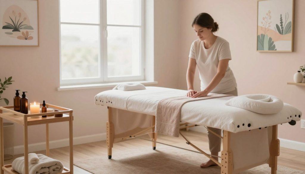 A serene and inviting therapy room designed for prenatal massage, featuring plush massage tables adorned with soft, calming linens. The foreground includes a small, well-organized massage cart equipped with natural oils and soothing candles. In the middle, the massage table is positioned near a large window allowing soft, diffused natural light to fill the space, creating a warm and tranquil environment. The background showcases soft pastel colors on the walls and tasteful, relaxing artwork depicting nature scenes. The ambiance is peaceful, evoking a sense of safety and relaxation, suitable for expecting mothers. The scene captures the essence of a professional and nurturing space, emphasizing comfort and care.