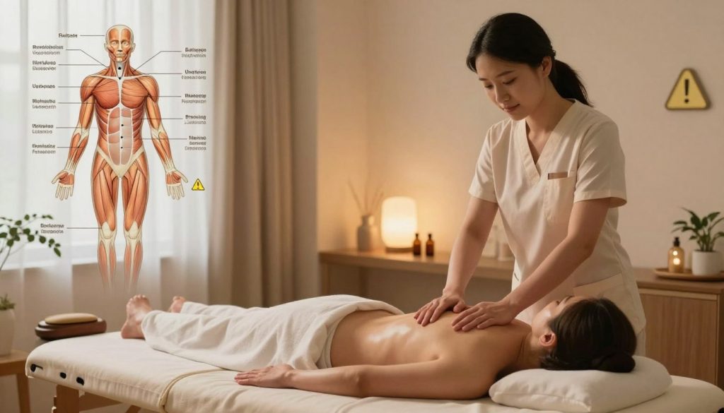 A serene and professional environment depicting the topic of massage therapy contraindications and risks. In the foreground, a detailed anatomical diagram highlighting common areas of tension and issues that require caution, using clear labels for various muscle groups. The middle ground features a softly lit therapist’s consultation room, with a massage table, essential oils, and calming decor, emphasizing relaxation. In the background, abstract representations of risk factors, like an outline of a human body with subtle warning symbols, create a thought-provoking contrast. The lighting is warm and inviting, casting gentle shadows. The atmosphere is calm yet informative, aiming to educate viewers about the limitations and precautions associated with massage therapy, ensuring a professional and safe tone.