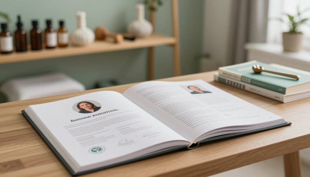 A serene and professional setting focused on massage therapy references and evaluations. The foreground features a neatly arranged desk with an open portfolio displaying a collection of professional credentials and client testimonials about massage therapists. In the middle, a calm atmosphere is created with soft, natural lighting illuminating the workspace, highlighting a soothing color palette of soft greens and browns. In the background, shelves are lined with various massage oils, tools, and books on massage techniques, suggesting expertise and professionalism. The overall mood is tranquil and inviting, symbolizing trust and quality in the selection process for massage therapists. The camera angle is slightly elevated to capture the organized layout while promoting a sense of professionalism in the massage therapy industry.