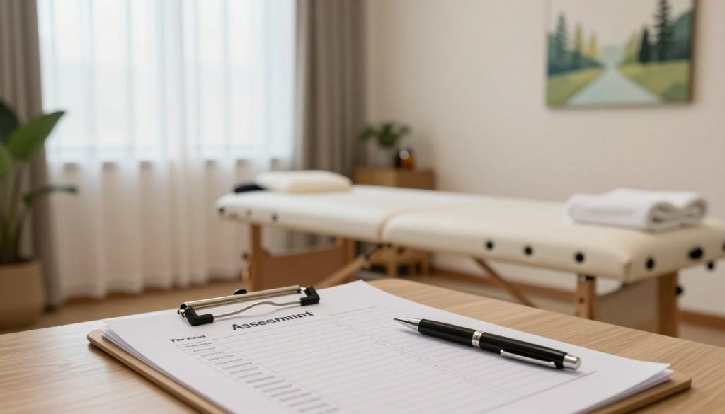A serene and professional setting for a massage therapy evaluation consultation. In the foreground, a clipboard with neatly organized assessment criteria and a pen resting beside it. The middle contains a clean and comfortable therapy room, featuring a massage table, soothing essential oils, and soft towels. In the background, large windows with sheer curtains allow gentle, natural light to flood the space, creating a calm atmosphere. The walls are adorned with peaceful nature-themed artwork. The color palette is warm and inviting, consisting of soft tans, greens, and whites. The overall mood is tranquil and focused, ideal for a professional evaluation of massage therapists. No people are present, emphasizing a clean and organized environment.