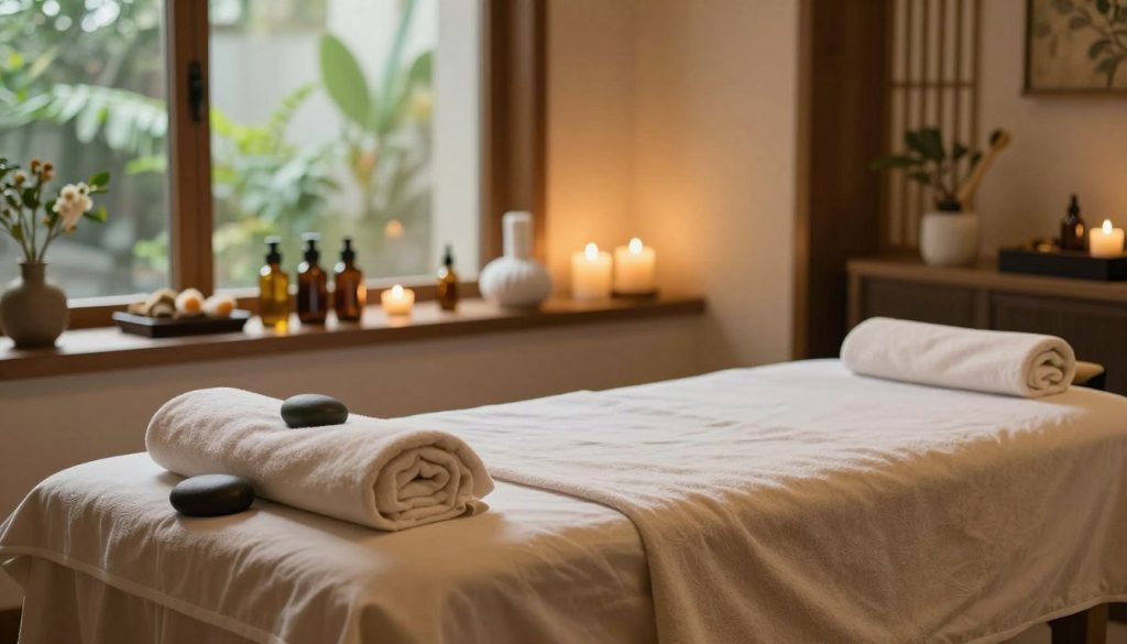 A serene and tranquil spa environment showcasing a beautifully arranged massage room. In the foreground, a massage table with soft, inviting linens and plush towels, surrounded by calming elements like stones and essential oils. The middle ground features a shelf adorned with various massage oils and tools, illuminated by soft, warm lighting that creates a peaceful atmosphere. In the background, large windows let in gentle natural light, revealing a glimpse of lush greenery outside, enhancing the feeling of relaxation. The overall mood is one of calm and serenity, perfect for illustrating personal factors affecting massage frequency. The setting is aesthetic yet professional, conveying wellness and self-care without any human subjects or text.