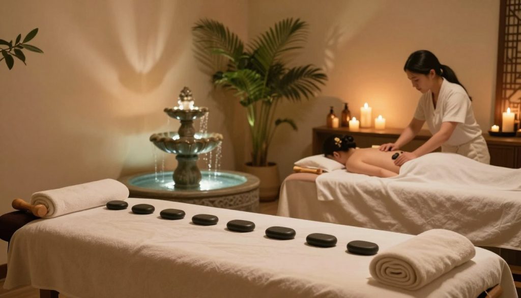 A serene and tranquil spa environment showcasing various types of massage therapies. In the foreground, an elegantly arranged massage table adorned with soft towels and aromatic oils. In the middle, a beautifully designed space featuring a calming water fountain and lush indoor plants, creating an atmosphere of relaxation. The backdrop consists of softly lit candles casting gentle shadows on the walls, enhancing the soothing ambiance. Utilize warm, ambient lighting to evoke a sense of peace and comfort. Include visual elements representing different massage techniques, such as stones for hot stone therapy, a roller for deep tissue, and a wooden stick for shiatsu, artistically integrated into the scene. The overall composition should convey a harmonious balance, inviting viewers to explore the therapeutic benefits of massage.