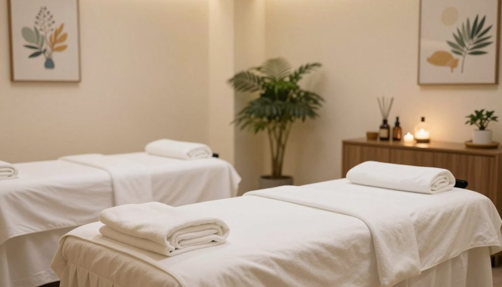 A serene and well-organized massage salon interior, showcasing high hygiene and professional standards. In the foreground, there is a pristine massage table with fresh linens neatly arranged, a soothing aroma diffuser, and wellness products displayed artistically. In the middle ground, a spacious treatment area features soft, ambient lighting that emits a calming glow, with plants strategically placed to enhance the tranquil atmosphere. The background displays clean and inviting decor, such as tasteful wall art and relaxing colors, conveying a sense of serenity. The composition emphasizes cleanliness and professionalism, creating a peaceful environment conducive to relaxation and well-being. Use a soft focus lens effect to enhance the serene mood while maintaining clarity in details. No humans are present in the image.