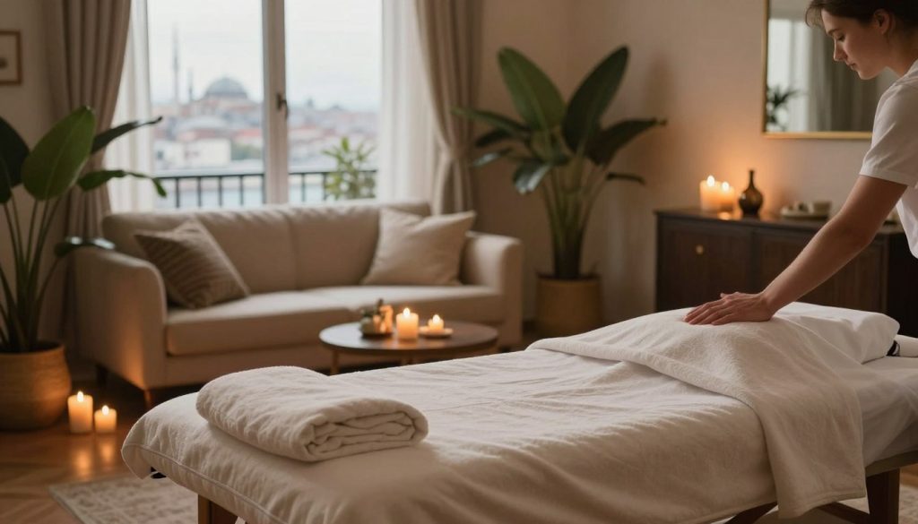 A serene home massage setting that embodies comfort, flexibility, and personalization. In the foreground, a luxurious massage table draped with soft, plush fabric invites relaxation. Candles flicker gently, casting a warm golden glow on the peaceful scene. In the middle, a cozy living room is adorned with elegant furnishings, such as a well-appointed armchair and plush cushions, surrounded by leafy plants that enhance the tranquil atmosphere. The background features large windows that allow natural light to flood the room, revealing a beautiful view of Istanbul’s skyline. The overall mood is calm and inviting, suggesting a sanctuary where one can enjoy personalized massage therapy in the comfort of their own home. No humans are depicted in the image.