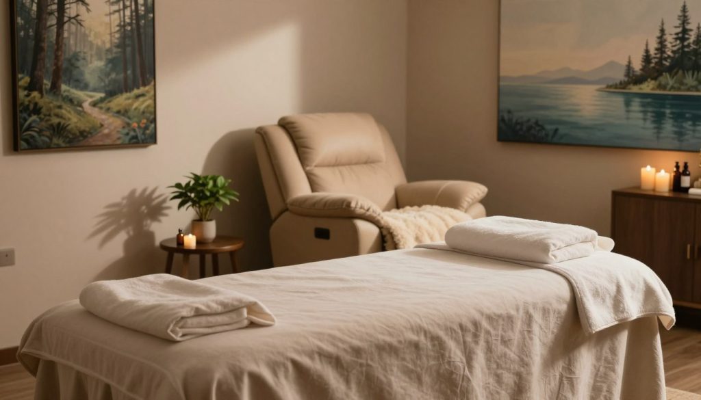 A serene indoor space designed for relaxation, featuring a cozy massage room with soft, ambient lighting casting gentle shadows. In the foreground, a comfortable massage table draped in plush linens, surrounded by calming elements like candles, a small indoor plant, and essential oils. The middle ground showcases a luxurious recliner with a fluffy blanket, symbolizing comfort and escape from stress. In the background, peaceful artwork depicting nature, such as a tranquil forest or serene ocean scene, enhances the atmosphere. The lighting is warm and inviting, creating a sense of safety and calm, reflecting modern stress relief methods through a harmonious and peaceful environment.
