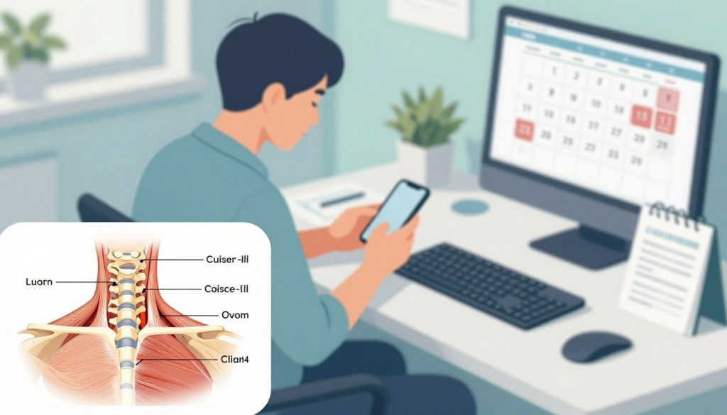 A serene, informative illustration depicting the various causes of neck stiffness. In the foreground, include a detailed anatomical diagram showcasing the cervical spine, muscles, and surrounding tissues with labels indicating tension points. The middle ground should present lifestyle elements that contribute to neck stiffness: a desk with a computer setup emphasizing poor ergonomic posture, a smartphone to show excessive texting, and a calendar marked with stress-inducing events. The background can be a softly blurred office environment to keep the focus on the subject. Use soft, diffused lighting to create a calming atmosphere, with a gentle color palette of blues and greens to evoke a sense of relaxation and awareness. Capture the scene from a slightly elevated angle for clarity and engagement.