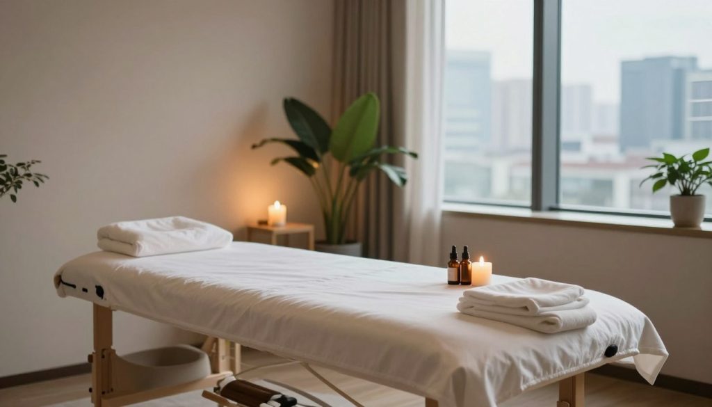A serene office environment designed for stress relief, showcasing a modern massage therapy space specifically for office workers. In the foreground, a professional massage table with clean, soft linens is set up, accompanied by therapeutic oils and soothing candles. The middle ground features a calming atmosphere with plants and gentle lighting that casts a warm glow, creating a tranquil space conducive to relaxation. In the background, large windows allow natural light to filter in, illuminating the room and providing a view of a bustling cityscape outside. The overall mood is peaceful and rejuvenating, emphasizing the benefits of massage therapy on workplace performance and well-being.