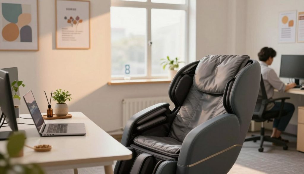 A serene office setting designed for a quick massage routine during work breaks. In the foreground, an ergonomic massage chair with plush fabric, positioned at a neat, organized desk with a laptop and a few stress-relief items like a small plant and an essential oil diffuser. In the middle ground, soft, natural lighting from a large window casts a warm glow, highlighting a wall with calming art and motivational posters. In the background, subtle hints of a bustling office with blurred desks and coworkers working diligently, creating a contrast between productivity and relaxation. The overall mood is one of tranquility and efficiency, perfect for busy workers looking to integrate self-care into their day.