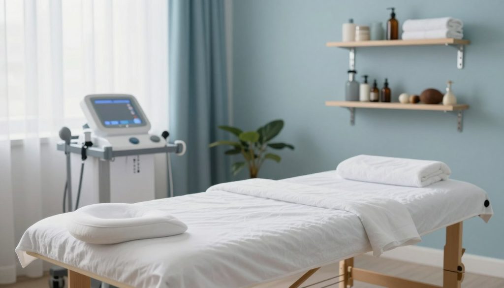 A serene physical therapy and massage room, featuring a combination of advanced physiotherapy equipment and a comfortable massage table, set against a calming backdrop. The foreground highlights a gently lit massage table draped with soft, clean linens. In the middle, shelves are neatly arranged with various therapeutic tools, oils, and towels, exuding a sense of professionalism. The background shows soft natural light filtering through sheer curtains, emphasizing a tranquil and inviting atmosphere that promotes healing. The overall mood is one of relaxation and wellness, ideal for effective pain management. Focus on the clean and organized setting, with soothing colors such as soft blues and whites, creating a sense of calm and comfort.