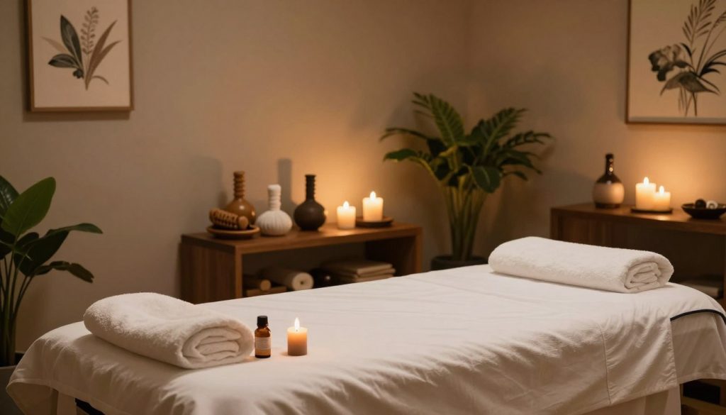 A serene spa environment depicting a luxurious massage room. In the foreground, a plush massage table is neatly made with fresh white linens, inviting relaxation. On the table, a bottle of essential oils sits next to a flickering candle, casting soft, warm light across the room. In the middle, various massage tools are artistically arranged on a wooden shelf, surrounded by lush green plants that bring a touch of nature indoors. The background shows soft, muted walls adorned with calming artwork, creating a tranquil atmosphere. The lighting is warm and inviting, enhancing the soothing ambiance. The scene embodies a sense of calm and professionalism, perfect for illustrating the theme of last-minute cancellations and changes in massage appointments.