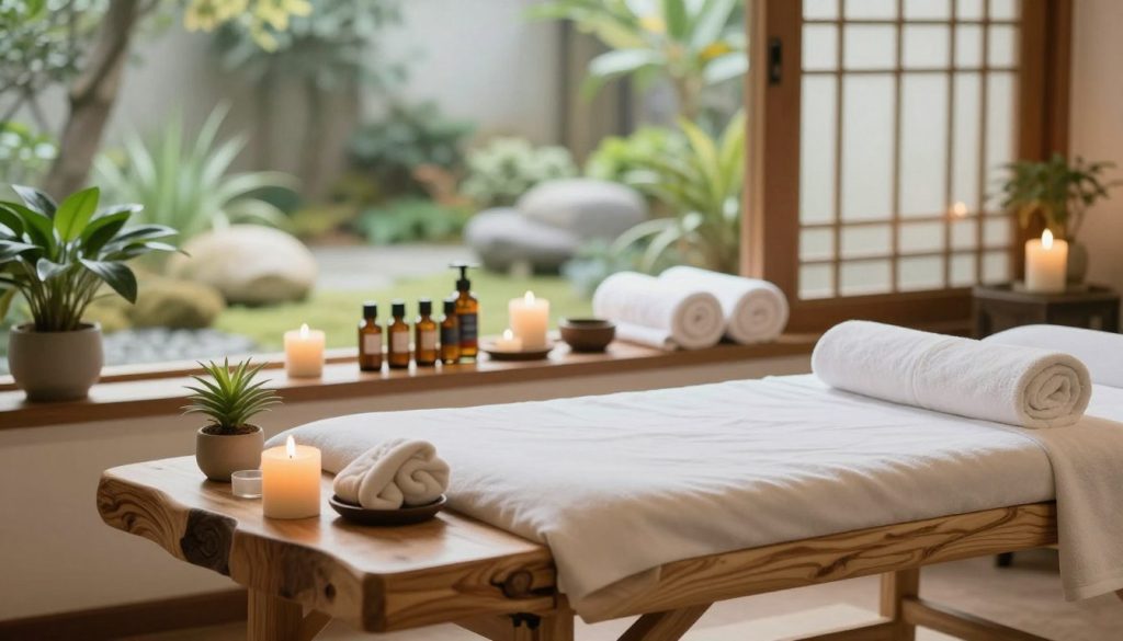 A serene spa environment focused on sustainable massage therapy. In the foreground, a massage table made of natural materials, surrounded by aromatic candles and potted plants, offering a calming ambiance. The middle ground features soothing essential oils and towels neatly arranged, highlighting eco-friendly products. In the background, large windows let in soft, natural light, illuminating a tranquil garden with greenery and stones, enhancing the feeling of harmony with nature. The mood is peaceful and rejuvenating, emphasizing the importance of a sustainable approach to wellness. The image should have a warm color palette, with gentle lighting that evokes relaxation and mindfulness.