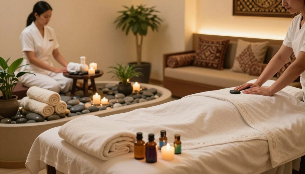 A serene spa environment in İstanbul, showcasing various massage techniques and styles. In the foreground, a beautifully arranged massage table with elegant linens, surrounded by colorful essential oils and relaxing candles. The middle features a tranquil setting with natural stones, soft towels, and calming greenery like potted plants, symbolizing different massage techniques such as aromatherapy, hot stone, and deep tissue. In the background, a softly illuminated room with warm lighting creates a peaceful atmosphere, highlighting traditional Turkish decor elements like intricate patterns and plush seating. The overall mood is tranquil and inviting, emphasizing relaxation and well-being, captured with a warm soft focus lens at a slightly elevated angle for depth.