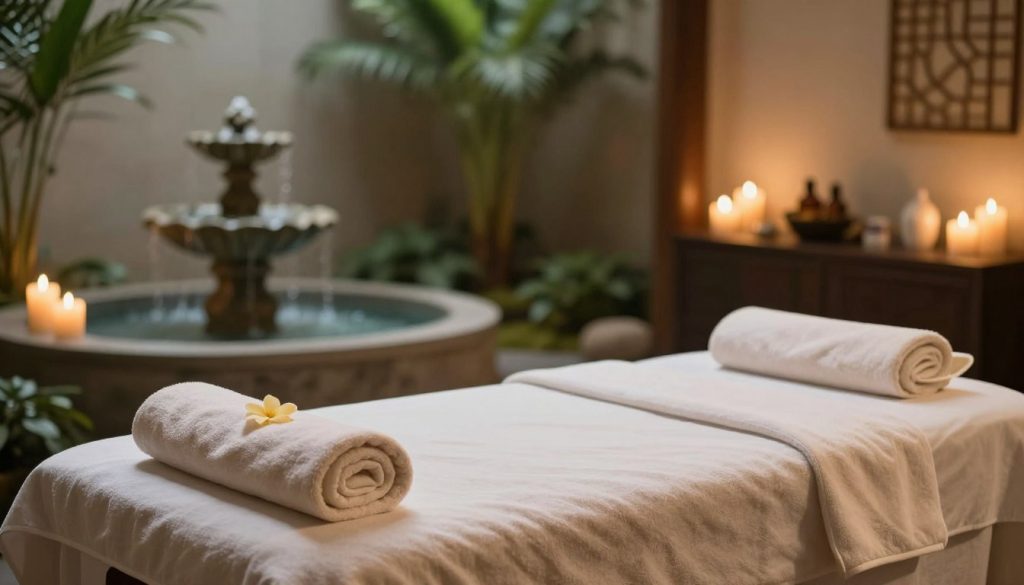 A serene spa environment showcasing the health benefits of massage therapy. In the foreground, a beautifully arranged massage table with soft towels and aromatherapy oils, evoking relaxation. The middle ground features tranquil elements like a gentle water fountain and calming candles, creating a peaceful atmosphere. The background includes lush greenery and soft, ambient lighting that gives an inviting glow to the space. The overall mood is serene and rejuvenating, emphasizing the restorative aspects of massage and spa treatments. A soft-focus and a wide-angle view enhance the soothing ambiance without any human figures or text, ensuring a clean and professional representation.
