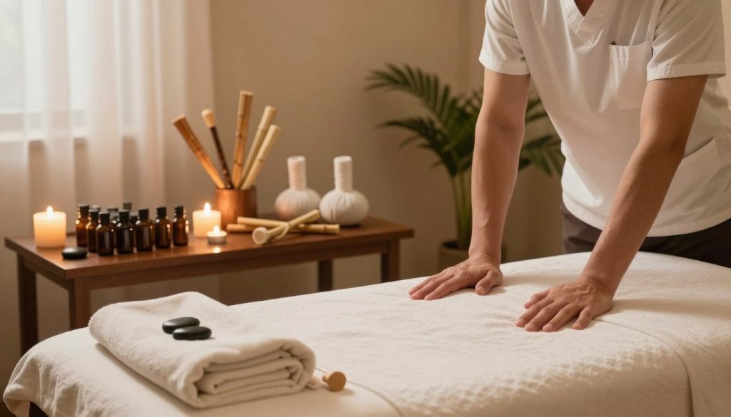A serene spa environment showcasing various massage techniques being demonstrated using props. In the foreground, a professional massage table with soft linens, along with an array of essential oils and stones set neatly on a side table. The middle ground features an elegant display of tools commonly used in massage therapy, such as bamboo sticks and massage balls, creatively arranged. The background should depict a calm and soothing spa atmosphere, with gentle lighting, warm colors, and tranquil elements like candles and plants to enhance the relaxation vibe. The mood conveys professionalism and expertise, inviting viewers to explore the art of massage techniques.