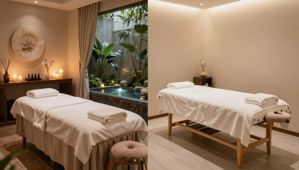 A serene spa experience comparison scene, juxtaposing a luxurious massage room with elegant decor, soft ambient lighting, and plush furnishings in the foreground, against a standard massage room with simple decor, bright lighting, and basic massage table in the middle. In the background, a calming water feature, lush plants, and soothing colors create a tranquil atmosphere. The luxurious space features candles, aromatherapy oils, and gentle, diffused light, while the standard room has minimalistic furniture and stark lighting. Capture the contrasting moods: the opulence and relaxation of the luxe spa versus the straightforward and functional nature of the standard massage. Focus on textures, lighting effects, and spatial arrangements to convey the distinct experiences visually.