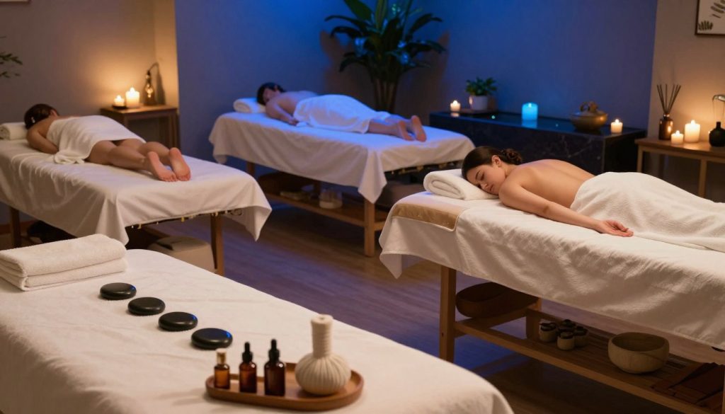 A serene spa interior featuring multiple massage stations, each representing different types of massages: a bright, airy corner with soft lighting for Swedish massage, a dimly lit area with deep blue hues for deep tissue massage, and a calming space adorned with essential oil diffusers for aromatherapy. In the foreground, various massage tools like massage stones and therapy oils are neatly arranged. In the middle ground, soft towels and soothing candles enhance the relaxing atmosphere. The background showcases lush indoor plants and tranquil water features, creating a peaceful ambiance. The overall mood is tranquil and inviting, ideal for promoting relaxation and self-care. The image should be warm and welcoming, capturing the essence of various massage types in a professional and tasteful manner.