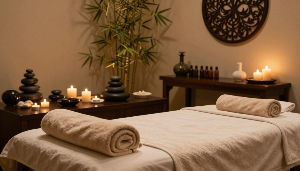 A serene spa setting featuring a variety of massage options and services. In the foreground, an elegant massage table adorned with soft towels and relaxing candles. The middle ground includes a diverse array of decorative stones and essential oils, symbolizing different massage techniques like aromatherapy and reflexology. The background showcases a tranquil room with soothing dim lighting, bamboo plants, and intricate wall art that evokes relaxation. Soft, warm lighting highlights the textures and colors, capturing a peaceful and inviting atmosphere. The overall mood is calming and rejuvenating, perfect for illustrating the diverse choices in spa services.