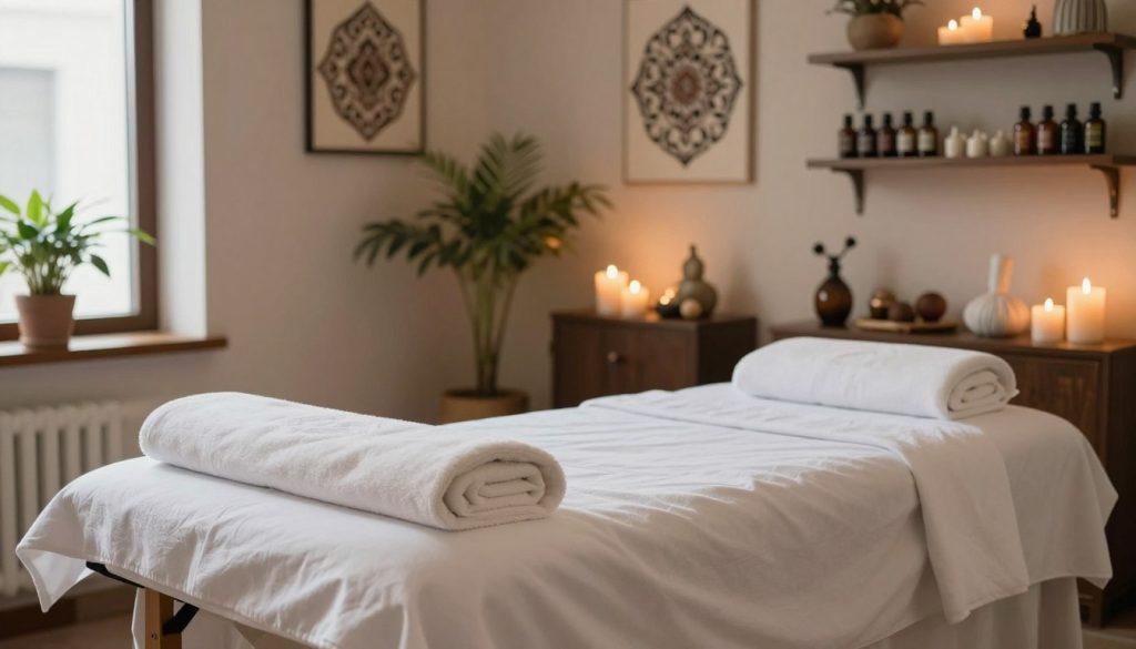 A serene spa setting in Istanbul showcasing a beautifully arranged massage therapy room. The foreground features an elegantly made massage table adorned with soft, crisp white linens and plush towels, emphasizing a sense of comfort and luxury. In the middle ground, there are ambient lighting elements such as flickering candles and soft glow lamps, creating a calm and inviting atmosphere. The background consists of decorative elements like potted plants, delicate artwork inspired by traditional Turkish motifs, and shelves neatly organized with essential oils and massage tools, suggesting a balance of quality and affordability. The overall mood is tranquil, exuding professionalism and a commitment to high-quality service in the massage industry. Subtle natural light filters through a window, enhancing the calming colors of earthy tones and soft pastels.
