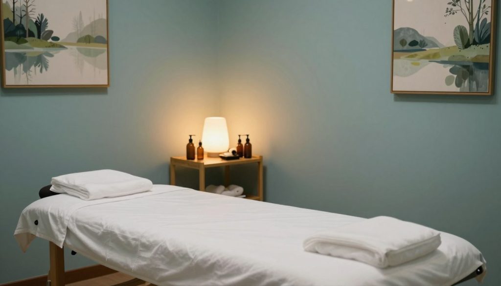 A serene therapy room designed for professional massage treatment, featuring a soft, calming color palette of soothing blues and greens. In the foreground, an elegant massage table covered with a clean, white sheet, surrounded by soft lighting from ambient lamps casting a warm glow. In the middle ground, various massage oils and tools neatly arranged on a wooden shelf, emphasizing professionalism and order. In the background, peaceful wall art depicting nature scenes, promoting relaxation. The atmosphere is tranquil and inviting, suggesting a safe and ethical space for therapy. Avoiding any human presence, the composition emphasizes professionalism and comfort, without text or branding. The scene is captured from a slight angle to add depth, with a focus on warm lighting and calming textures.