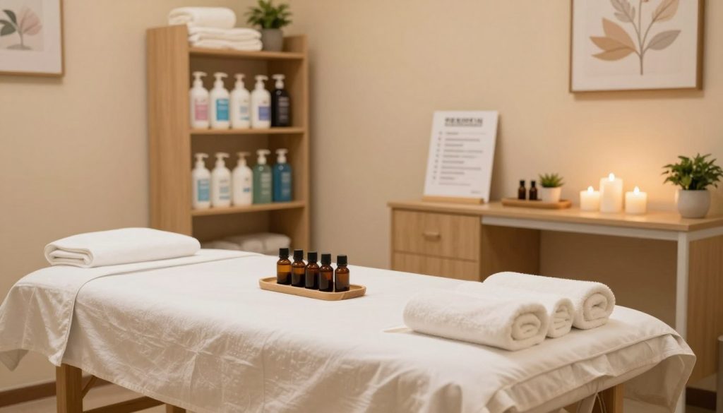 A serene, well-organized massage salon interior highlighting strict hygiene standards and cleanliness. In the foreground, a clean massage table with soft linens, essential oils neatly arranged, and towels in pristine condition. The middle shows well-maintained shelves stocked with hygiene supplies, such as disinfectants and sanitizers, while a poster detailing cleanliness guidelines is subtly placed nearby. The background features warm, inviting lighting that casts a calming glow, with soft colors on the walls. A professional atmosphere is created with a soothing ambiance, accompanied by potted plants and calming artwork. The room is devoid of human figures, ensuring a focus on the cleanliness and careful organization of the space, embodying a safe and welcoming environment for clients.