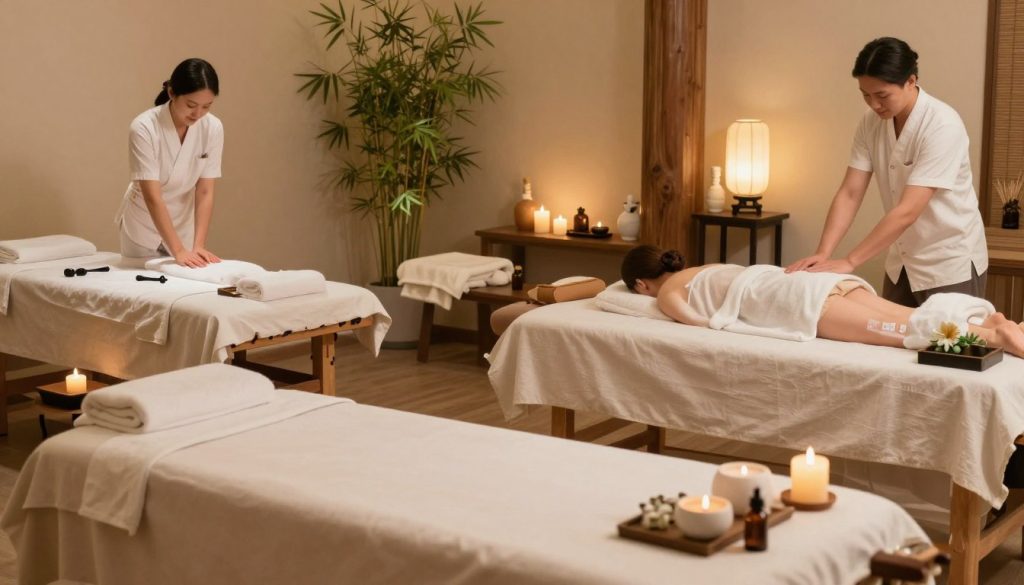 A serene wellness center interior showcasing various massage techniques. In the foreground, a well-organized massage table with soft linens, scented candles, and essential oils. In the middle ground, three distinct sections displaying a demonstration of different massage techniques: one area shows a deep tissue massage setup with tools, another features a relaxing aromatherapy setup with soothing music in the background, and a third highlights traditional techniques such as Swedish massage with herbal infusions. The background features calming decor of bamboo plants, soft ambient lighting, and tranquil colors that evoke relaxation. The overall atmosphere is peaceful and inviting, emphasizing wellness and tranquility, ideal for illustrating massage types and application frequencies.