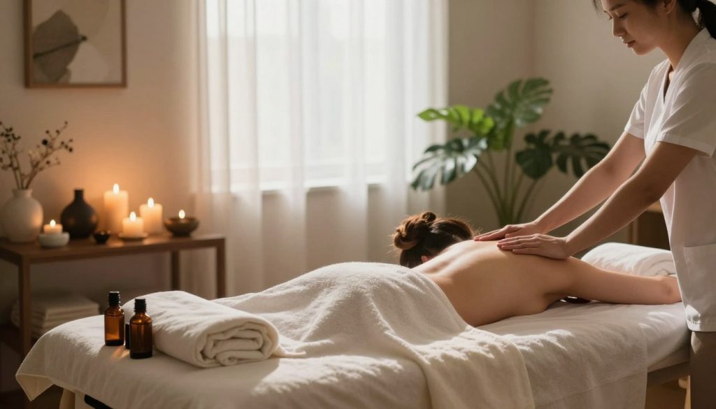 A serene wellness environment featuring a massage therapy room designed for back pain relief. The foreground showcases a massage table with soft linens, surrounded by essential oils and calming artifacts. In the middle ground, soothing candles emit a warm glow, and a gentle stream of sunlight filters through sheer curtains, creating a relaxing atmosphere. The background includes lush plants and tasteful decor that convey a sense of tranquility and healing. The lighting is soft and inviting, highlighting the peaceful essence of therapeutic massage. The overall mood is calm and restorative, emphasizing the connection between pain relief and relaxation in a professional wellness context.