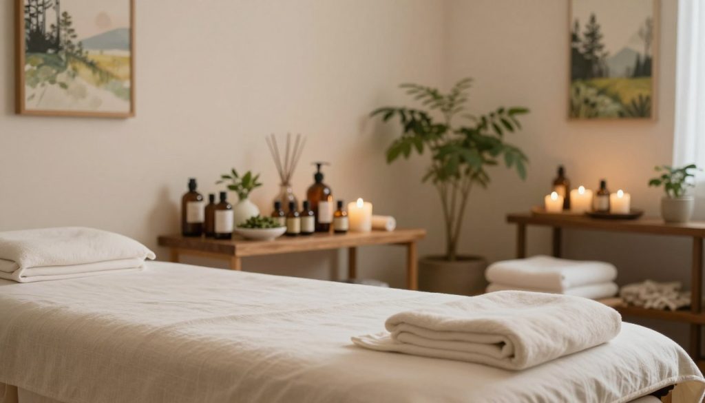 A serene wellness environment showcasing complementary integrative medicine practices, featuring a tranquil massage therapy room. In the foreground, a beautifully arranged massage table with soft, natural linens and calming essential oils. In the middle ground, an array of natural health materials, such as herbs and essential oil bottles, arranged neatly on a wooden shelf, invoking a sense of holistic healing. The background features peaceful nature-inspired artwork on the walls and plants that enhance the atmosphere. Soft, warm lighting illuminates the space, creating a relaxing and inviting mood. The scene is composed with a soft focus, emphasizing the calm nature of alternative therapies without any human subjects, ensuring a professional and serene presentation of integrative practices.