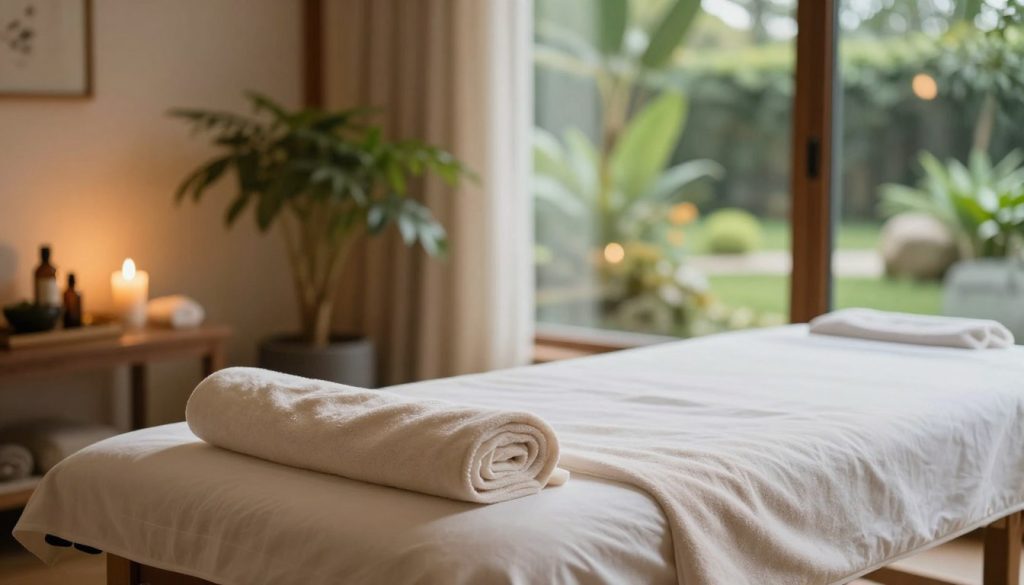 A serene wellness scene depicting the connection between massage and healthy living. In the foreground, an elegant massage table is set with soft, luxurious towels and essential oils, inviting relaxation. The middle ground features a tranquil indoor setting with green plants, warm wooden accents, and soft, ambient lighting that creates a calming atmosphere. In the background, large windows provide natural light, showcasing a peaceful outdoor view of a lush garden. The overall composition conveys harmony and tranquility, with gentle colors and soft shadows enhancing the soothing vibe. The focus is on the elements that represent wellness, without any human figures, embodying the essence of holistic health and well-being.