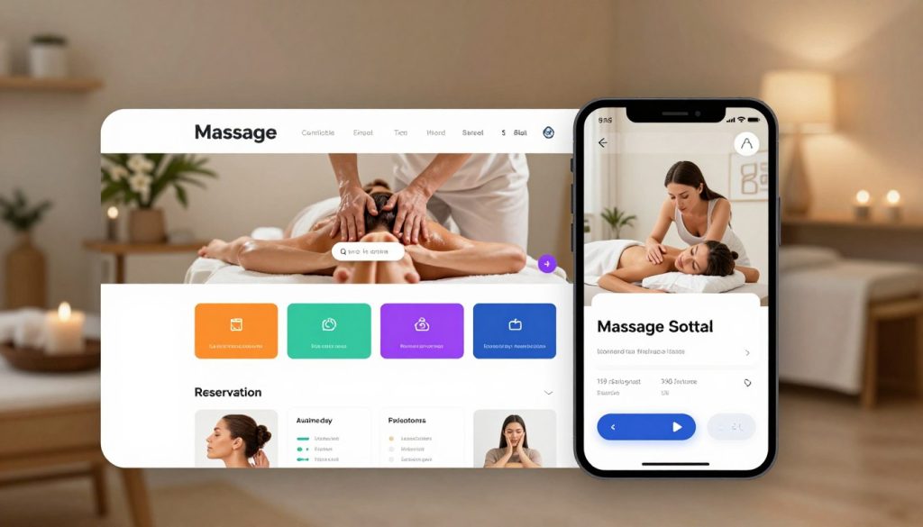 A sleek, modern digital interface showcasing an online massage reservation platform. The foreground features a user-friendly web application displaying various massage options and available time slots in vibrant colors. The middle layer highlights an elegantly designed smartphone with the app open, symbolizing convenience and accessibility. In the background, a calm and tranquil spa environment is depicted, complete with soft lighting that creates a soothing atmosphere. The scene is well-lit, emphasizing a sense of professionalism and cleanliness. The overall mood conveys relaxation and efficiency, inviting users to seamlessly book their appointments for a same-day massage in Istanbul.