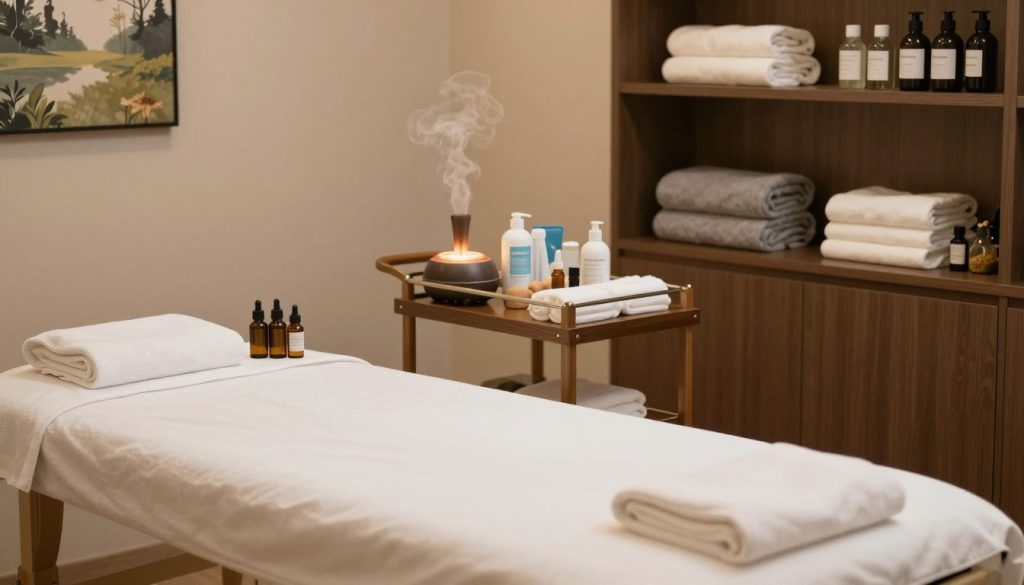 A tranquil massage therapy room, emphasizing cleanliness and preparation. In the foreground, a neatly arranged massage table with crisp white linens, surrounded by bottles of essential oils and a steaming aromatherapy diffuser. In the middle, a well-organized trolley holding massage tools, clean towels, and hygiene products. Soft, warm lighting illuminates the room, creating a calming atmosphere. In the background, shelves filled with neatly stacked lotions and herbs, alongside serene artwork depicting nature. The mood conveys professionalism and care, inviting clients to feel at ease and reassured about hygiene practices in massage therapy. No humans present, focusing entirely on the serene environment and elements essential for a safe, hygienic massage session.
