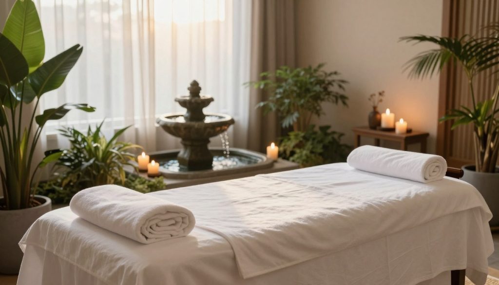 A tranquil spa setting designed to evoke relaxation and wellness. In the foreground, a beautifully arranged massage table adorned with soft, white linens and surrounded by lush potted plants. The middle ground features calming elements like a stone water fountain gently bubbling and aromatic candles softly flickering, casting warm light. The background includes a serene window with sheer curtains letting in natural sunlight, illuminating the space with a golden hue. The overall atmosphere is peaceful and soothing, with a focus on nature — incorporating soft greens, neutral tones, and the sound of flowing water. This environment is ideal for capturing the essence of spa and relaxation experiences, enhancing a sense of calm and rejuvenation.