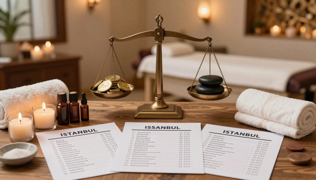 A visually engaging comparison of massage prices in Istanbul, featuring an elegant composition that highlights the balance between affordability and quality. In the foreground, showcase a beautifully arranged table displaying various massage price lists, with luxurious spa items like scented candles, essential oil bottles, and plush towels artfully placed around. The middle ground should feature a stylized, abstract representation of a scale balancing symbols of luxury and cost-effectiveness, perhaps with gold coins on one side and a massage stone on the other. In the background, portray an inviting Istanbul spa setting with warm lighting, rich textures, and soft colors evoking a calm and serene atmosphere. Aim for a professional and informative mood, showcasing the essence of choice in spa services.