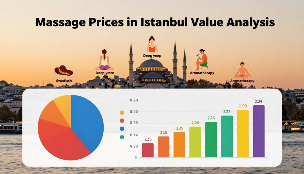 A visually engaging infographic-style image illustrating the concept of "Massage Prices in Istanbul Value Analysis." In the foreground, display a pie chart and bar graph comparing various massage services and their prices in Istanbul, using vibrant colors to differentiate each type of service. The middle layer should feature icons representing different massage types, such as Swedish, deep tissue, and aromatherapy, elegantly arranged around the charts. In the background, subtle silhouettes of Istanbul's skyline at sunset can create a warm atmosphere, blending traditional and modern architecture. The overall mood should be analytical yet inviting, with soft lighting enhancing the charts and icons for clarity and visual appeal. Emphasize a clean, professional design without any text or human imagery, ensuring that the focus remains on the data visualization.