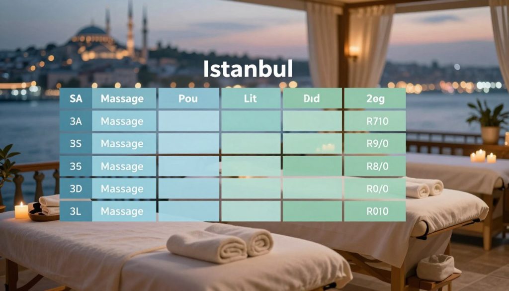 A visually striking comparison chart of massage prices in Istanbul, displayed prominently in the foreground. Each section of the chart features soothing colors like soft blues and greens, symbolizing relaxation and wellness. In the middle ground, an elegant spa setting is depicted, with luxurious massage tables adorned with fresh towels and calming candles, conveying a serene atmosphere. The background showcases a soft-focus image of an iconic Istanbul skyline at dusk, with warm lights twinkling, creating an inviting mood. Utilize soft, natural lighting to enhance the warmth of the scene, and a subtle lens blur to give depth. The overall image should evoke a sense of tranquility and affordability, appealing to those considering massage services in Istanbul.