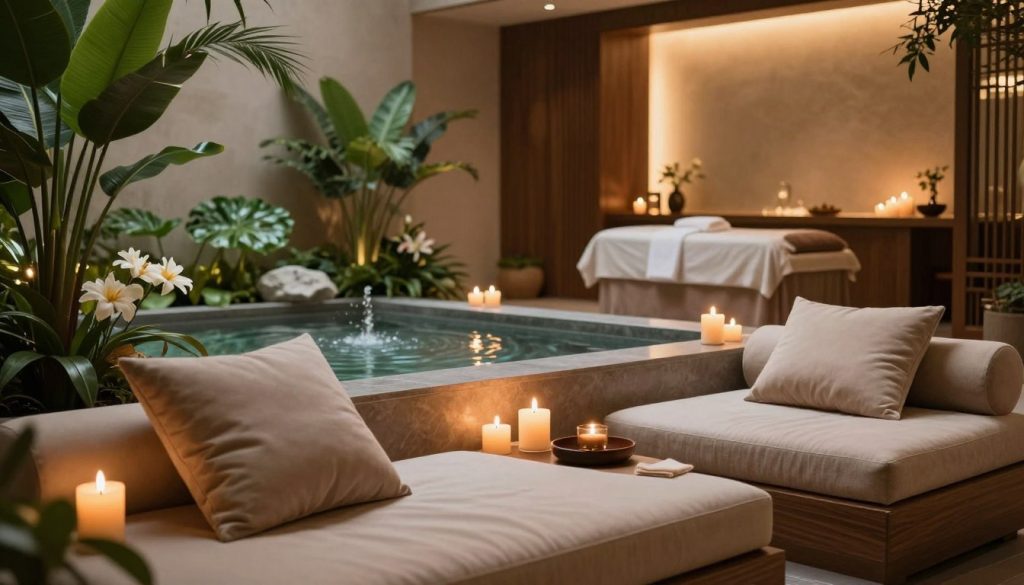 Luxurious spa decor featuring a serene aromatherapy environment. The foreground showcases elegant, plush seating with soft, neutral-toned cushions, surrounded by delicate, flickering candles. The middle ground includes a tranquil water feature with gentle ripples, framed by lush green plants and flowers that evoke a calming ambiance. Soft, diffused lighting casts a warm glow throughout the space, creating an inviting atmosphere. In the background, a softly lit treatment room with rich wooden accents and natural elements enhances the feeling of luxury. The scene is set to reflect tranquility and indulgence, inviting viewers to experience the essence of relaxation and peace.