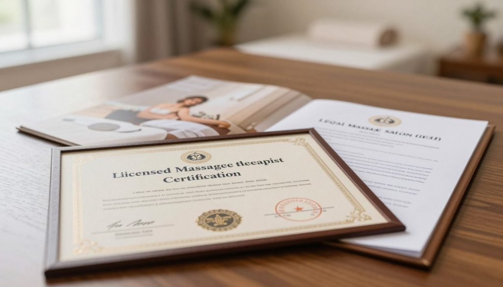 A close-up view of a "licensed massage therapist certification" and a "legal massage salon document" presented together on a polished wooden desk. The foreground features the certification neatly framed, displaying high-quality embossing and official seals for authenticity. Beside it, the legal document is partially visible, with elegant and formal design elements. In the middle background, an inspirational image of a serene massage room can be seen, decorated with soothing colors and soft lighting, evoking a sense of calm and professionalism. The overall atmosphere is warm and inviting, emphasizing legitimacy and trust in the massage industry. There's a soft, natural light coming from a window, enhancing the tranquility of the space.