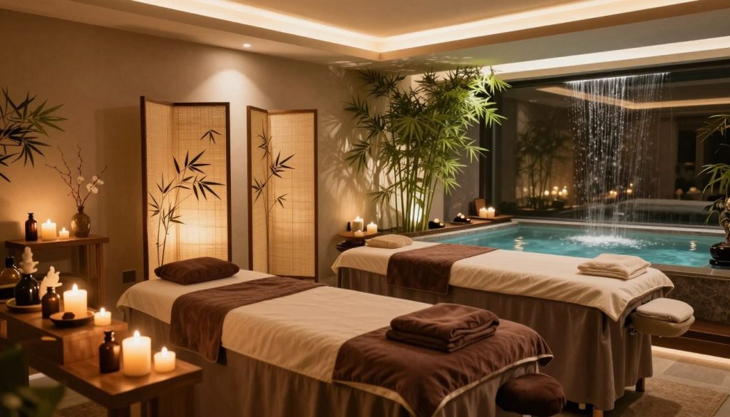 A luxurious spa interior in Istanbul, featuring elegant massage treatment rooms. The foreground showcases soft, ambient lighting with candles and aromatic oils arranged on wooden shelves. In the middle, delicate Asian-inspired decor elements, such as rice paper screens and bamboo plants, create a serene atmosphere. The background reveals a tranquil water feature, reflecting the calming environment. The overall color palette consists of warm earth tones, with plush massage tables draped in rich fabrics. Soft sounds of water flowing enhance the relaxing mood. The image captures the essence of serenity, inviting tourists to discover the best massage salons in vibrant Istanbul. No humans present; ensure a clean, professional aesthetic.
