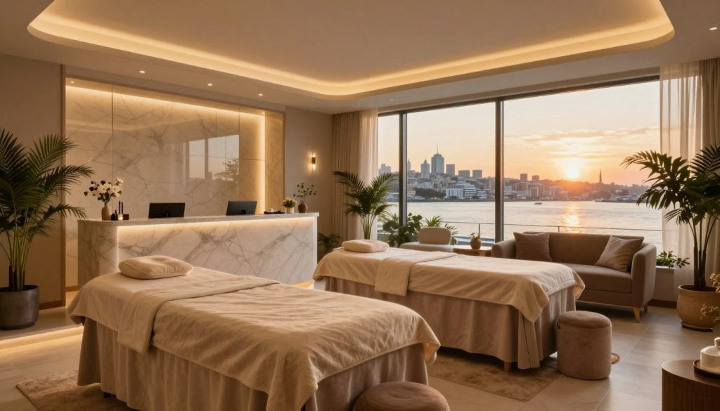 A modern wellness center interior in Levent or Maslak, showcasing a luxurious massage salon. The foreground features elegant treatment rooms, adorned with calming decor, soft lighting, and plush textures. In the middle ground, a serene reception area with glass accents and soothing plants creates a welcoming atmosphere. The background reveals large windows with a view of the vibrant Istanbul skyline, bathed in warm, golden sunset light, enhancing the tranquil feel. The overall mood is one of relaxation and sophistication, inviting visitors to unwind after a long day. The scene captures the essence of modern wellness facilities, emphasizing comfort and style without any human subjects or text. A modern wellness center interior in Levent or Maslak, showcasing a luxurious massage salon. The foreground features elegant treatment rooms, adorned with calming decor, soft lighting, and plush textures. In the middle ground, a serene reception area with glass accents and soothing plants creates a welcoming atmosphere. The background reveals large windows with a view of the vibrant Istanbul skyline, bathed in warm, golden sunset light, enhancing the tranquil feel. The overall mood is one of relaxation and sophistication, inviting visitors to unwind after a long day. The scene captures the essence of modern wellness facilities, emphasizing comfort and style without any human subjects or text.