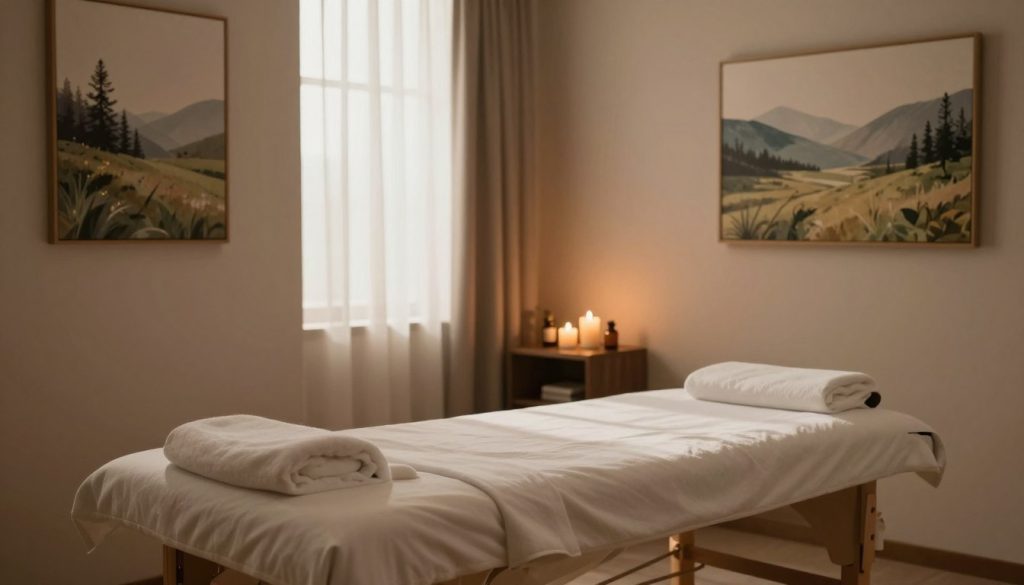 A peaceful and serene massage therapy room designed for office workers, showcasing an elegant massage table in the foreground, surrounded by soft, neutral-colored walls decorated with calming artwork depicting natural landscapes. In the middle, there is a soothing atmosphere created by dim, warm lighting, with candles and essential oils subtly placed on a side table. The background features a window with sheer curtains, allowing gentle natural light to filter in, casting soft shadows and enhancing the tranquil ambiance. The overall mood is relaxing and professional, ideal for promoting the proven benefits of regular massage for desk-bound employees. No human subjects present. A peaceful and serene massage therapy room designed for office workers, showcasing an elegant massage table in the foreground, surrounded by soft, neutral-colored walls decorated with calming artwork depicting natural landscapes. In the middle, there is a soothing atmosphere created by dim, warm lighting, with candles and essential oils subtly placed on a side table. The background features a window with sheer curtains, allowing gentle natural light to filter in, casting soft shadows and enhancing the tranquil ambiance. The overall mood is relaxing and professional, ideal for promoting the proven benefits of regular massage for desk-bound employees. No human subjects present.