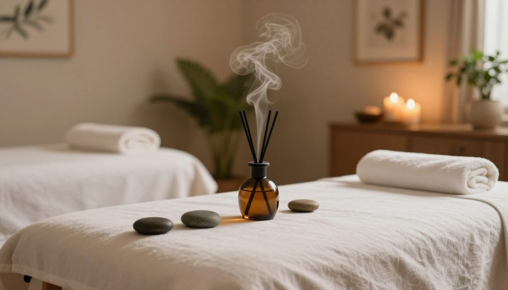 A serene and calming scene depicting a Swedish massage therapy setting. In the foreground, a neatly arranged massage table with soft, white linens and natural elements like smooth stones and scented candles. In the middle, an elegant oil diffuser emitting gentle wisps of aromatherapy steam. Surrounding the table, a tranquil ambiance created by warm, diffused lighting that casts soft shadows. In the background, a soft-focus view of soothing green plants and tasteful artwork, enhancing the relaxation atmosphere. The overall mood is peaceful and restorative, ideal for illustrating the benefits of Swedish massage therapy in a fluid and organized spa environment.