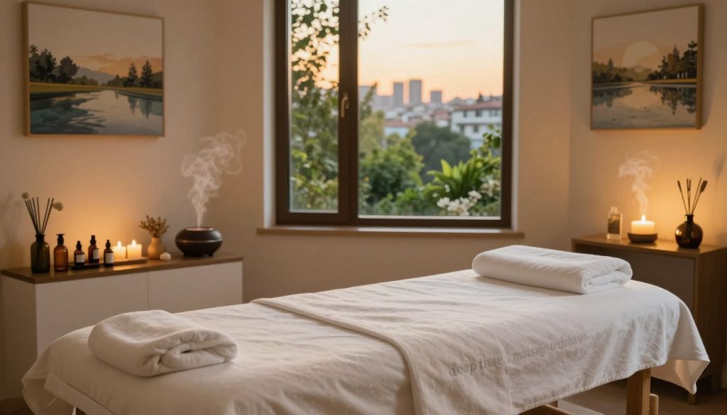 A serene and cozy massage therapy room showcasing "deep tissue massage techniques," designed specifically for hybrid workers seeking relaxation in Istanbul. In the foreground, a comfortable massage table with plush white linens, softly lit by warm, ambient lighting. Adjacent to the table, an array of massage oils and calming herbal decor neatly arranged. In the middle ground, a large window provides a glimpse of a tranquil urban setting, showcasing lush greenery and faint city lines bathed in golden hour light. The background features soothing wall art depicting calming landscapes and an essential oil diffuser emitting gentle mist, enhancing the peaceful atmosphere. Overall, the scene conveys relaxation, harmony, and wellness, ideal for a hybrid worker's restorative retreat.