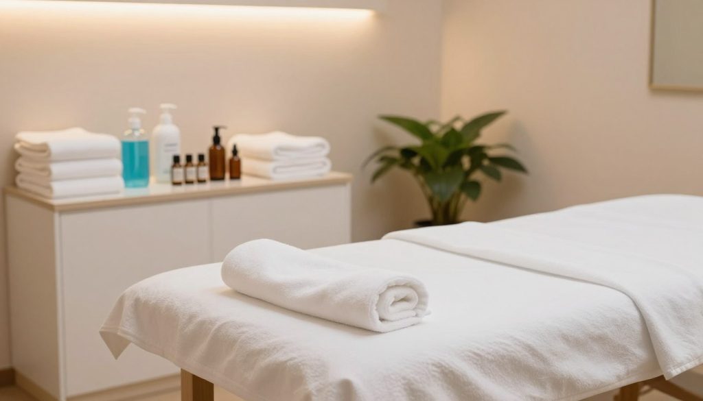 A serene and immaculate massage therapy room, focusing on the importance of hygiene standards. In the foreground, a neatly arranged massage table adorned with crisp, white linens and clean towels. Soft, ambient lighting from overhead fixtures creates a calming atmosphere, highlighting the pristine condition of the space. In the middle ground, various hygiene supplies such as hand sanitizer, fresh linens, and essential oils are displayed neatly on a shelf. The background features pastel-colored walls and plants, adding a touch of tranquility and professionalism. The overall mood is peaceful and inviting, emphasizing a commitment to cleanliness and a safe environment for clients seeking rejuvenating massage services.