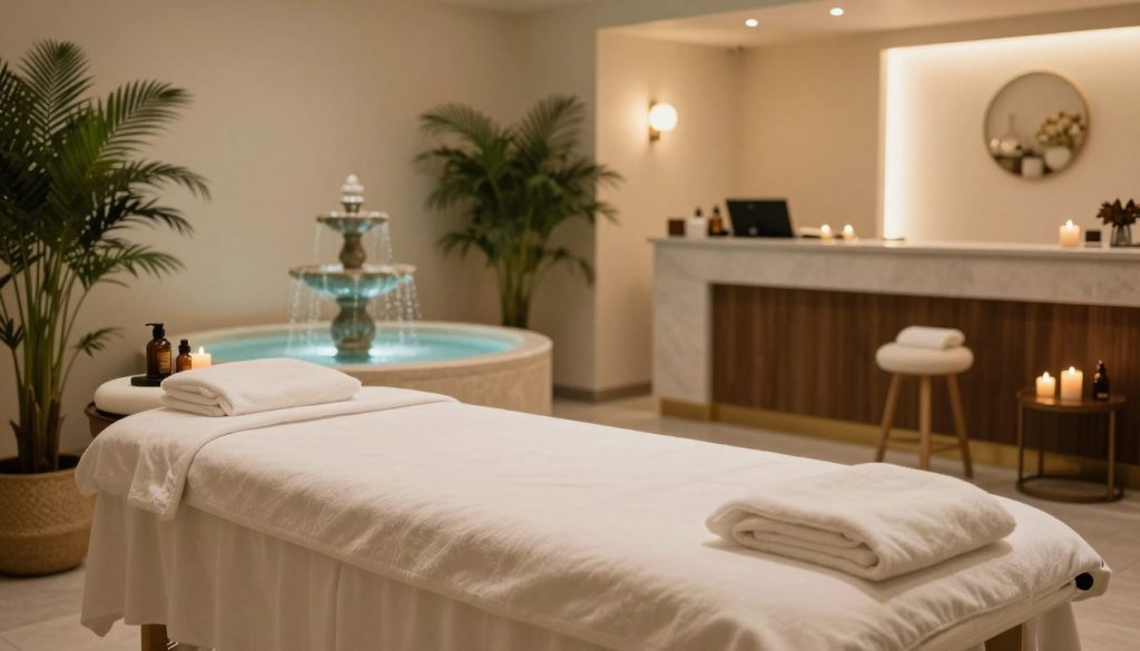 A serene and inviting interior of a massage center in Istanbul, showcasing a beautifully arranged treatment room. In the foreground, a soft, plush massage table draped with clean linens, complemented by soothing candles and essential oil bottles. The middle ground features a tranquil water fountain creating a calming ambiance, alongside lush green plants to enhance the relaxing atmosphere. The background reveals a softly lit reception area with elegant decor and quality massage equipment neatly arranged. The scene is illuminated by warm, diffused lighting that creates a cozy and welcoming mood, emphasizing the high standards of quality and trustworthiness in the selection of a massage center. The overall atmosphere is peaceful and professional, reflecting the essence of a reliable massage experience in Istanbul.