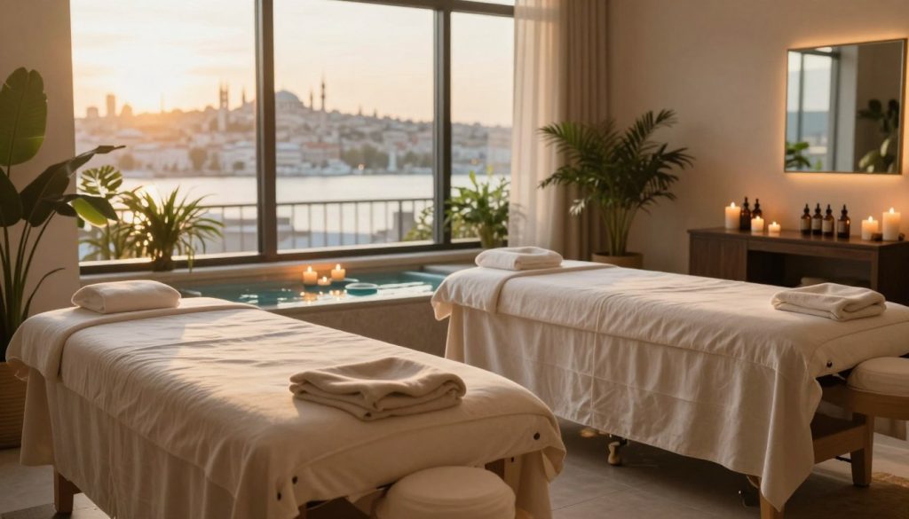 A serene and inviting interior of a massage therapy center in Istanbul. The foreground features a beautifully arranged treatment room, with neatly placed massage tables draped in soft, neutral linens. There are candles flickering softly and aromatic essential oil bottles artfully displayed. In the middle, a tranquil water feature adds to the calming ambiance, surrounded by indoor plants that enhance the natural feel of the environment. In the background, large windows show a scenic view of Istanbul's skyline, bathed in warm, golden sunlight that filters through, creating a relaxing atmosphere. The overall mood is peaceful and rejuvenating, capturing the essence of various massage therapies available in Istanbul. There are no human figures present in the image.