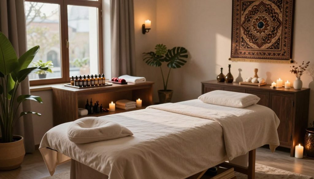 A serene and inviting massage center interior in Istanbul, featuring plush treatment rooms with natural light streaming through large windows. The foreground showcases a tranquil massage table draped in soft linens, surrounded by aromatic candles and soothing plants. In the middle background, a skilled therapist's workstation is neatly arranged with essential oils and massage tools, emphasizing professionalism. The decor reflects a blend of modern and traditional Turkish styles, with warm earthy colors creating a calming atmosphere. The lighting is soft and warm, enhancing the relaxation vibe, while gentle shadows play across the room, making it feel peaceful and welcoming. This image should evoke a sense of comfort and quality in therapeutic services. No humans present in the scene.