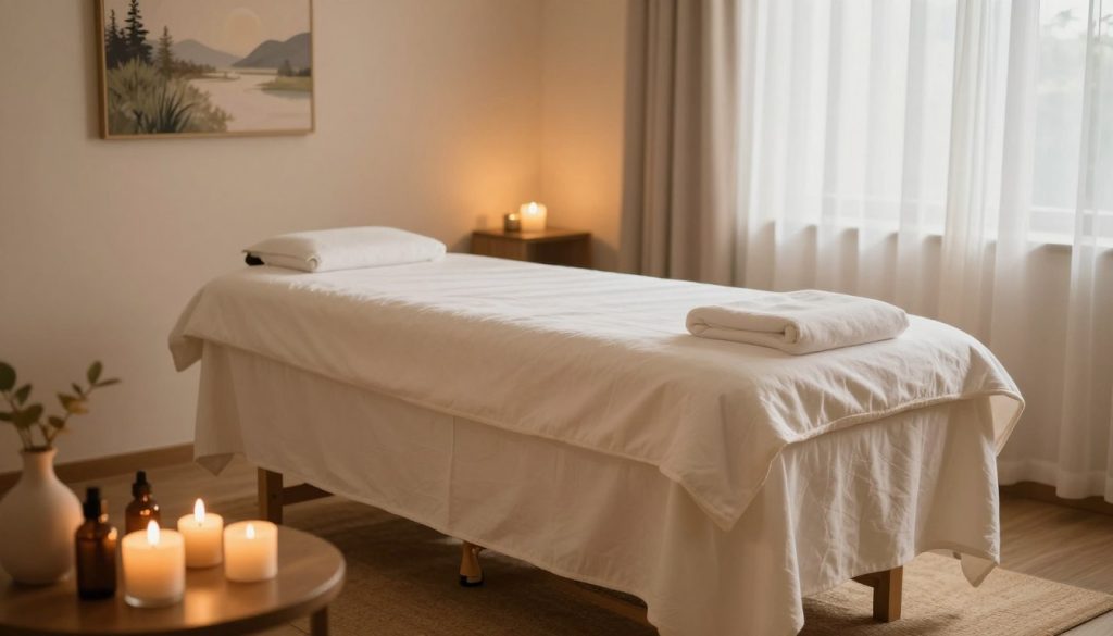 A serene and inviting massage therapy room prepared for a session, featuring a plush massage table draped with soft, clean linens. The foreground includes calming essential oils and aromatherapy candles on a side table, creating a tranquil atmosphere. In the middle ground, a warm-colored rug complements the gentle ambient lighting, enhancing the relaxing environment. The background showcases softly lit walls adorned with peaceful artwork depicting nature, promoting a sense of calm. Natural light filters through sheer, flowing curtains, casting soft shadows that evoke a tranquil mood. The focus is on creating an inviting space designed for relaxation and well-being, ideal for a luxurious and rejuvenating massage experience. A serene and inviting massage therapy room prepared for a session, featuring a plush massage table draped with soft, clean linens. The foreground includes calming essential oils and aromatherapy candles on a side table, creating a tranquil atmosphere. In the middle ground, a warm-colored rug complements the gentle ambient lighting, enhancing the relaxing environment. The background showcases softly lit walls adorned with peaceful artwork depicting nature, promoting a sense of calm. Natural light filters through sheer, flowing curtains, casting soft shadows that evoke a tranquil mood. The focus is on creating an inviting space designed for relaxation and well-being, ideal for a luxurious and rejuvenating massage experience.