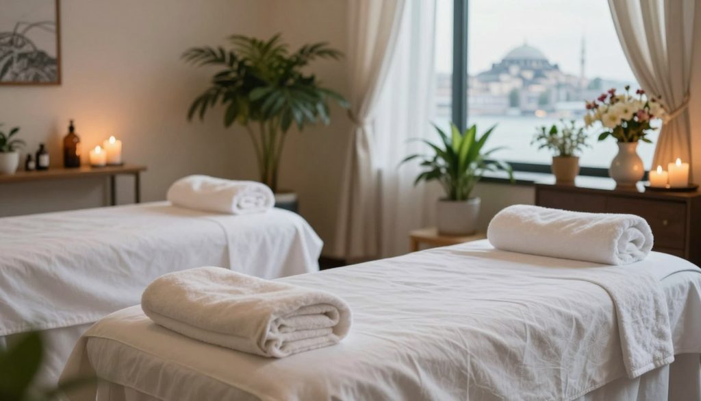 A serene and inviting spa environment in Istanbul, designed for women's massage services. The foreground features elegant treatment tables draped with soft, white linens, complemented by cozy, plush towels neatly folded nearby. Aromatic candles and essential oils create a calming atmosphere, their gentle glow illuminating the space. In the middle ground, botanical elements such as indoor plants and fresh flowers enhance the ambiance, adding vivid greens and subtle colors. The background showcases soft, diffused lighting filtering through sheer curtains, suggesting a tranquil outdoor view with hints of Istanbul's iconic landmarks. The overall mood is peaceful and welcoming, ideal for a pampering experience, evoking relaxation and comfort in a dedicated women's massage setting. The scene is meticulously arranged, exuding professionalism and warmth.