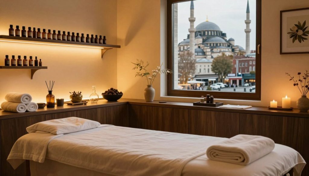 A serene and inviting spa environment in Istanbul, showcasing a variety of massage therapy options. In the foreground, an elegant massage room with a warm, soothing ambiance, featuring a massage table adorned with soft linens. The middle ground includes shelves displaying essential oils, towels, and herbal remedies. Soft, ambient lighting casts a calming glow throughout, and delicate aromas hint at relaxation. The background displays a window with a view of iconic Istanbul architecture such as ancient mosques and bustling streets, subtly insinuating the city’s rich culture. The atmosphere exudes tranquility and professionalism, inviting viewers to explore the art of massage therapy. The composition emphasizes wellness and self-care without any human subjects or text.